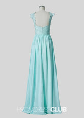 Sabrina | A Line Lace Embroidered Pleated Aqua Blue Tulle Long Bridesmaid Dress - Price #price_variant_lowest# - Aqua - PromDressClub